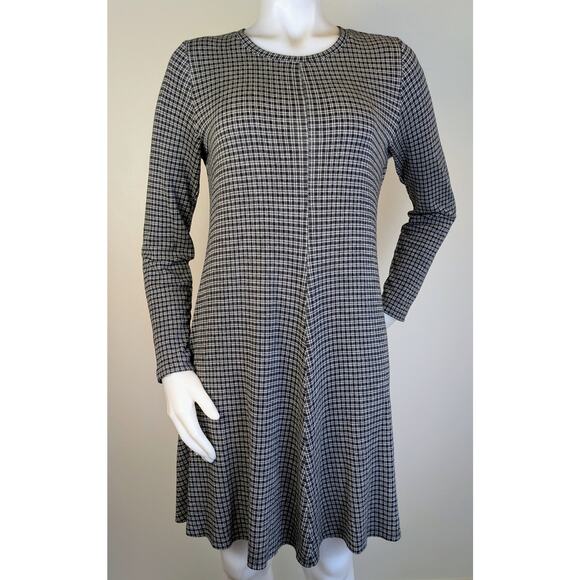 Lou & Gray Loft Swing Dress Small Black White Plaid Ponte Knit Long Sleeve Flowy - Picture 2 of 8